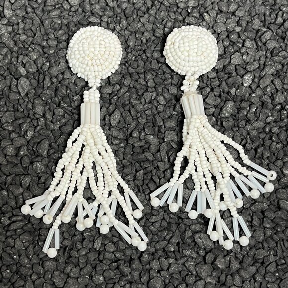 Vintage Native American Handmade White Beaded Clip-On Tassel Earrings - Picture 1 of 5
